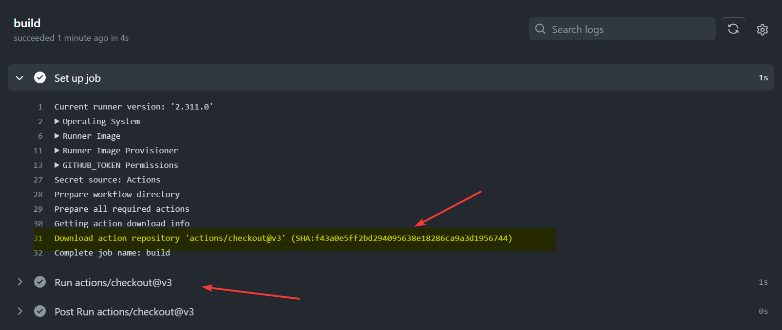 set up job downloading actions/checkou logs