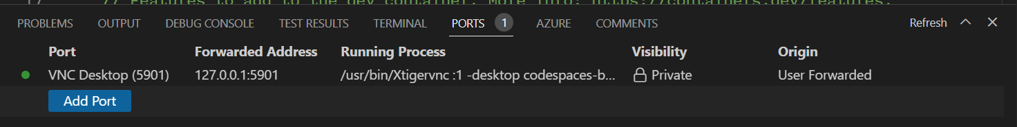 PORTS pane in VS Code