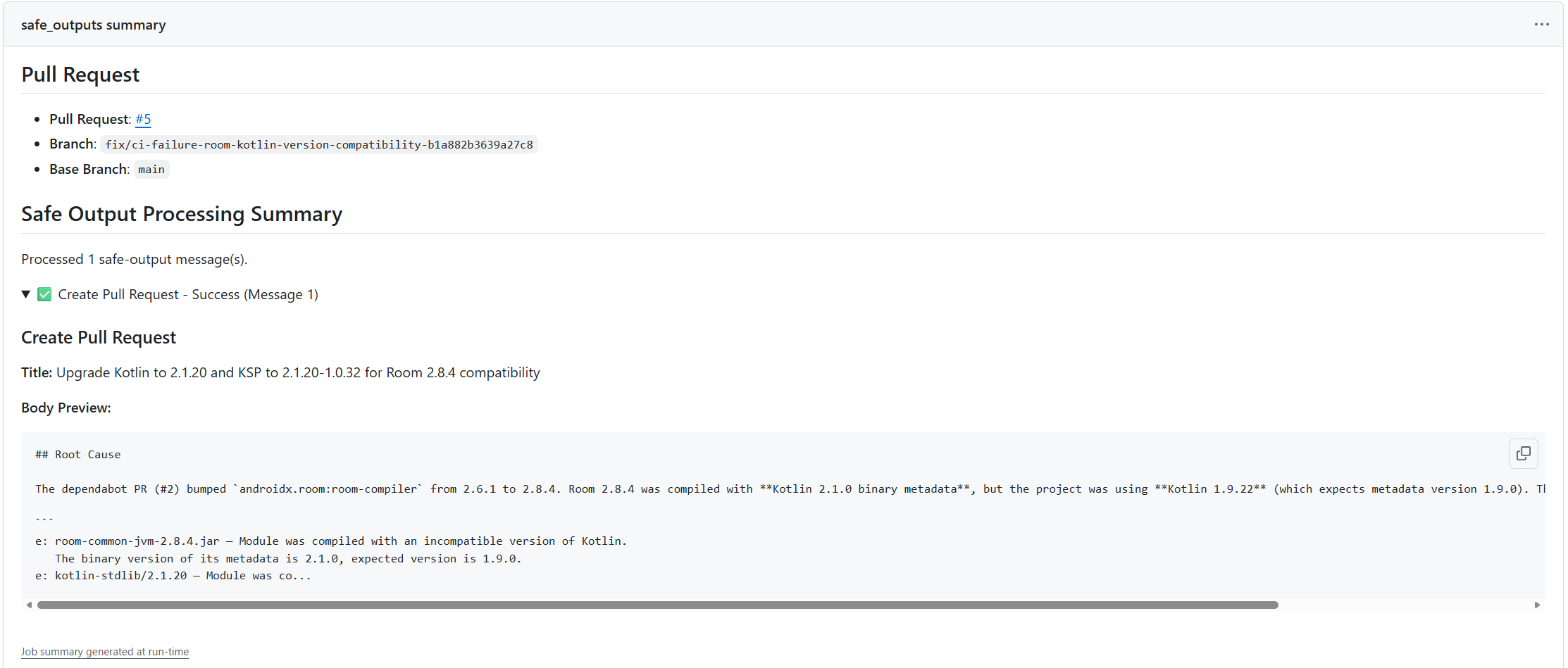 safe outputs job summary